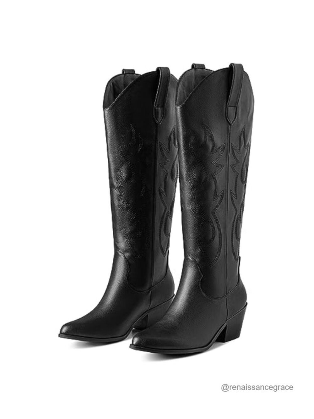 Womens Cowgirl Boots Embroidered Pull-On Chunky Stacked Heel Knee High Western